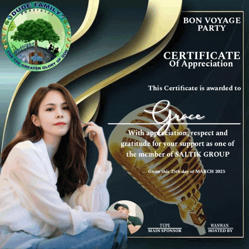 a certificate of appreciation is awarded to grace with appreciation respect and gratitude for your support as one of the members of saltik group