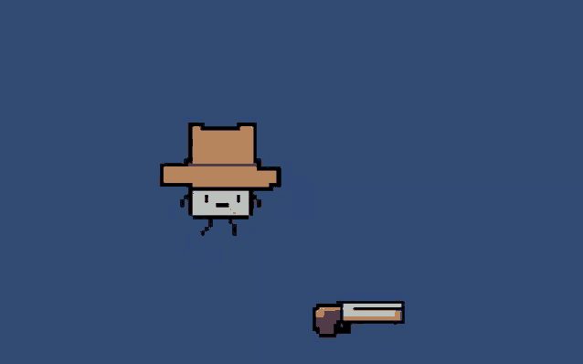 a pixel art cowboy with a hat and a gun on a blue background .