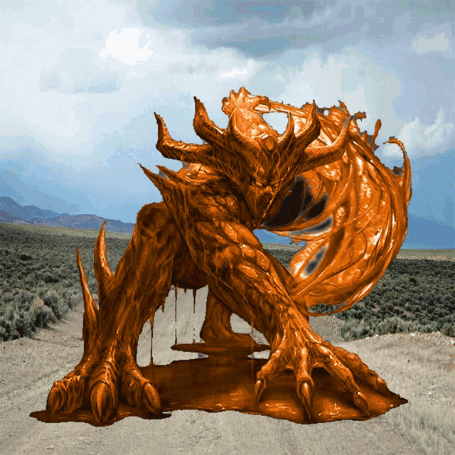 an orange monster with horns is standing on a dirt road in the desert