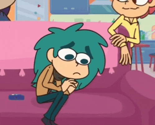 a cartoon character with blue hair is sitting on a couch with his hands folded