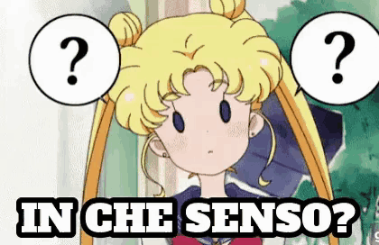 a cartoon of a girl with two question marks above her head and the words in che senso below her