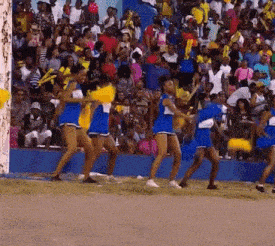 a group of cheerleaders are dancing in front of a crowd including one wearing a adidas shirt