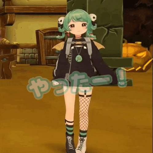 a cartoon girl with green hair is standing in front of a sign that says ' i love you '