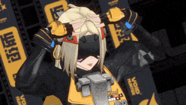 a girl in a black and yellow outfit is standing in front of a sign that says word hunter