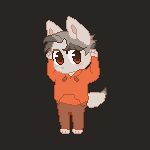 a pixel art drawing of a fox wearing an orange hoodie