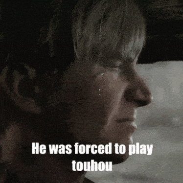 a man is crying with the words he was forced to play touhou written below him