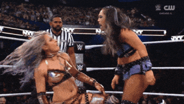 two women wrestling in a ring with a cw logo on the bottom right