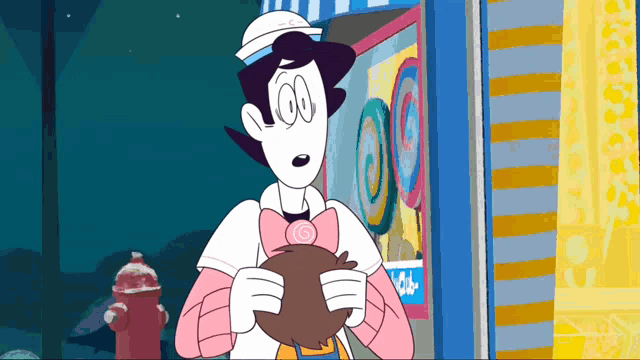 a cartoon character holds a candy in front of a store