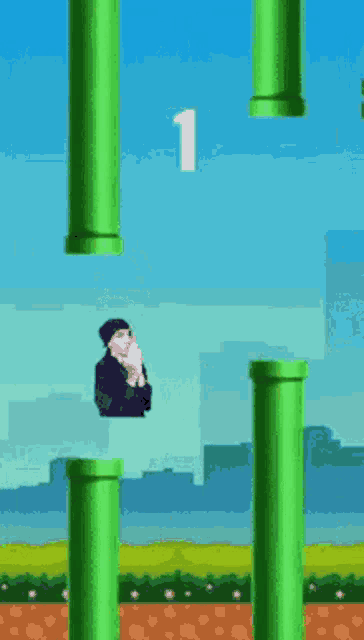 a video game with a man flying through green pipes with the number 3
