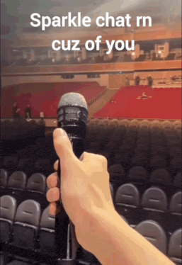 a person is holding a microphone in front of an empty auditorium with the words sparkle chat rn cuz of you