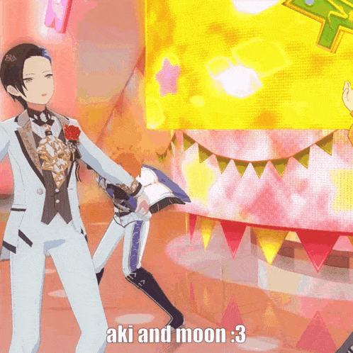 a man in a white suit is dancing in front of a sign that says aki and moon : 3