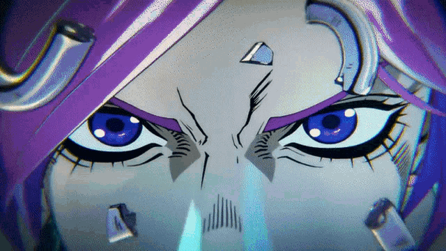 a close up of a cartoon character 's eyes with purple hair