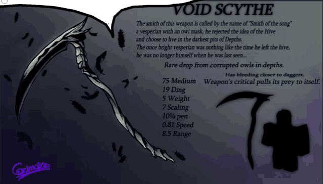 a drawing of a scythe with the name void scythe written on it