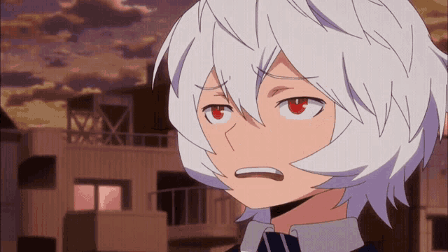 a boy with white hair and red eyes is making a funny face