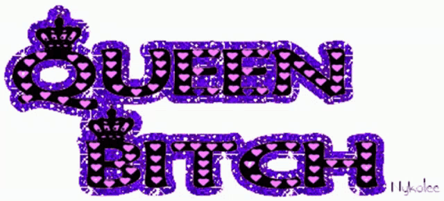 the word queen is written in purple and black