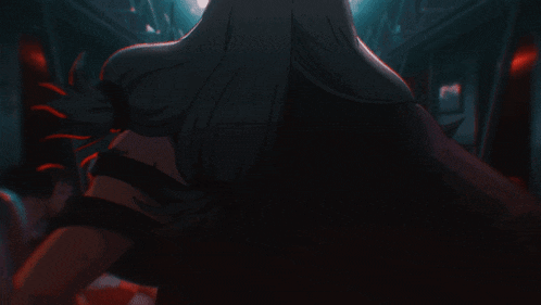 a drawing of a woman with long hair in a dark room with red lights
