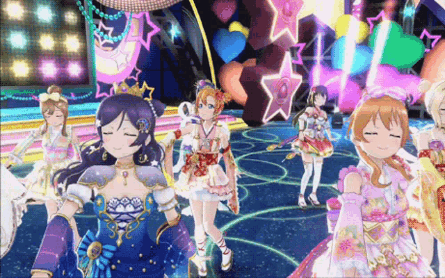 a group of anime characters are dancing on a stage