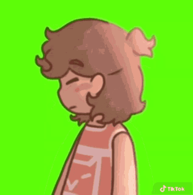 a drawing of a girl with brown hair and a cat shirt on a green background .