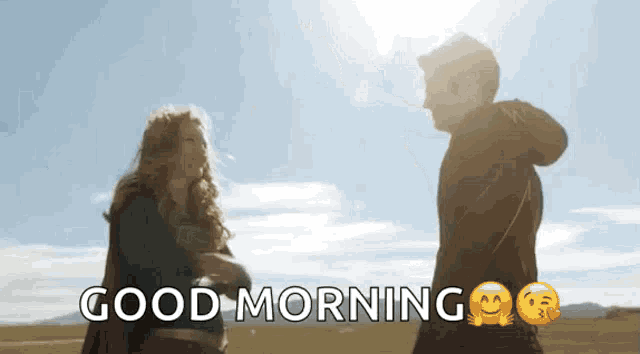 a man and a woman standing next to each other with the words " good morning " written below them
