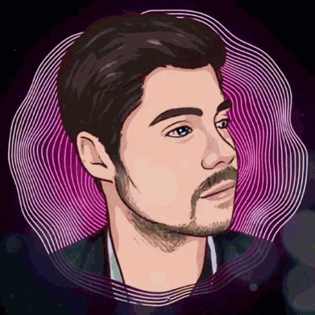 a cartoon drawing of a man with a beard and a purple background
