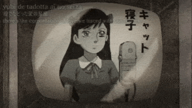 a black and white cartoon of a girl with a cat ear on her head