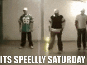 a group of men are dancing in a room with the words " it 's speeally saturday " on the bottom .