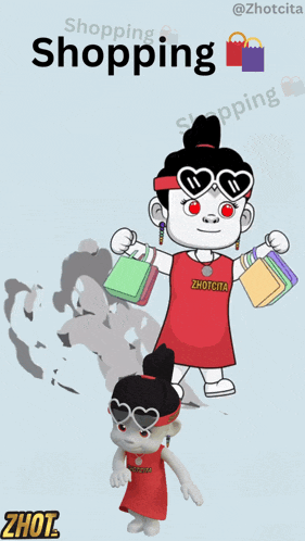 a cartoon of a girl wearing sunglasses and a zhotcita shirt holding a shopping bag