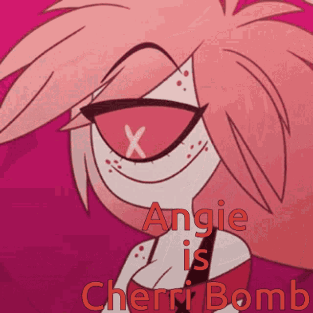 a pink and white cartoon character with the words angie is cherry bomb on the bottom