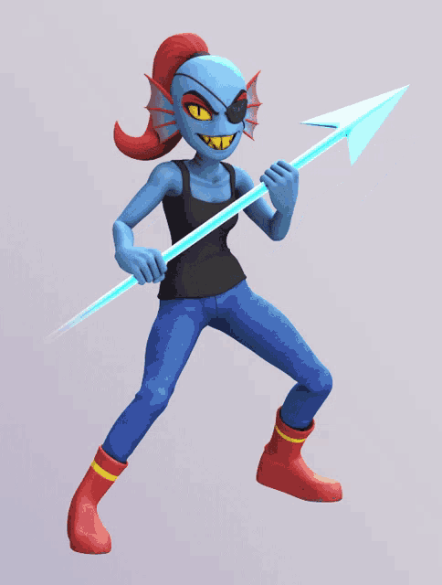 a cartoon character holding a blue spear with a red tail