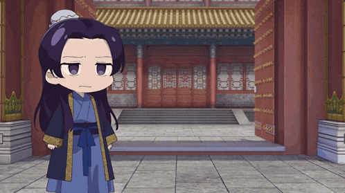 a cartoon character in a blue robe stands in front of a chinese building