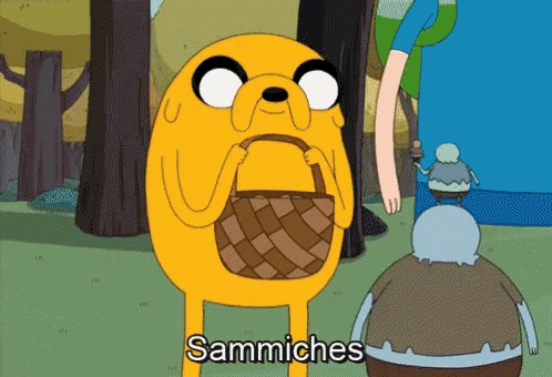 a cartoon character holding a basket with the word sammiches on the bottom