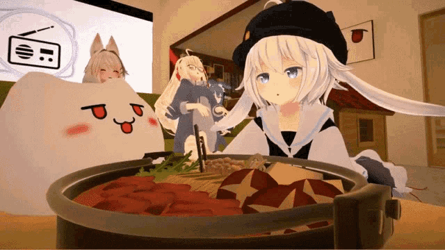 a group of anime characters sitting around a bowl of food
