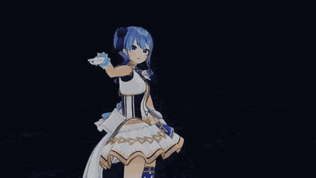 a blue haired anime girl in a white dress is dancing