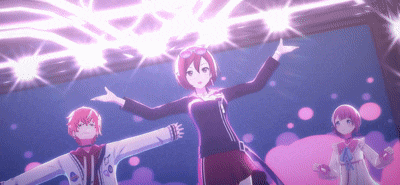 a group of anime characters are dancing on a stage with their arms outstretched