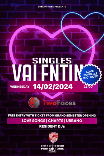 a poster for singles valentin on wednesday 14/02/2024 at 22:00