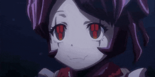 a close up of a girl with red eyes and purple hair