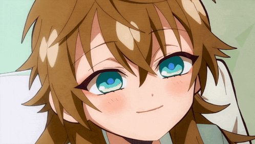 a girl with brown hair and blue eyes is smiling