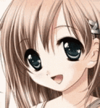 a close up of a cute anime girl 's face with big blue eyes .