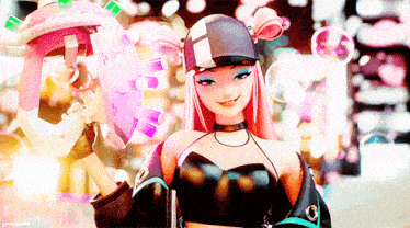 a girl with pink hair is wearing a helmet with the word hello on it