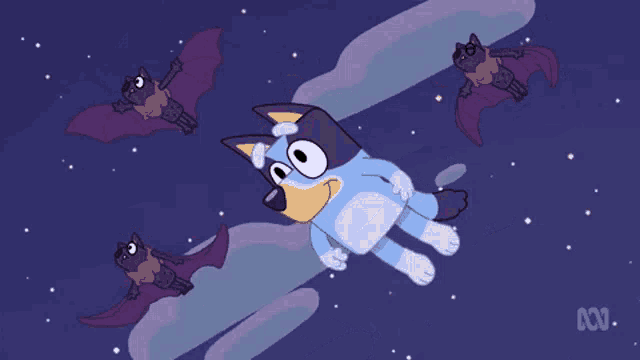 a cartoon of a dog flying through the air with bats behind it