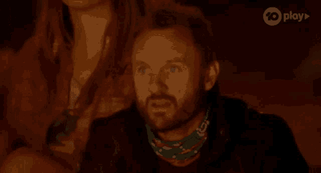 a man with a beard is sitting next to a woman in a dark room .