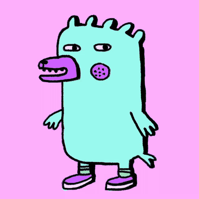a drawing of a blue monster with a purple nose