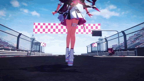 a girl in a pink and white dress is running on a track