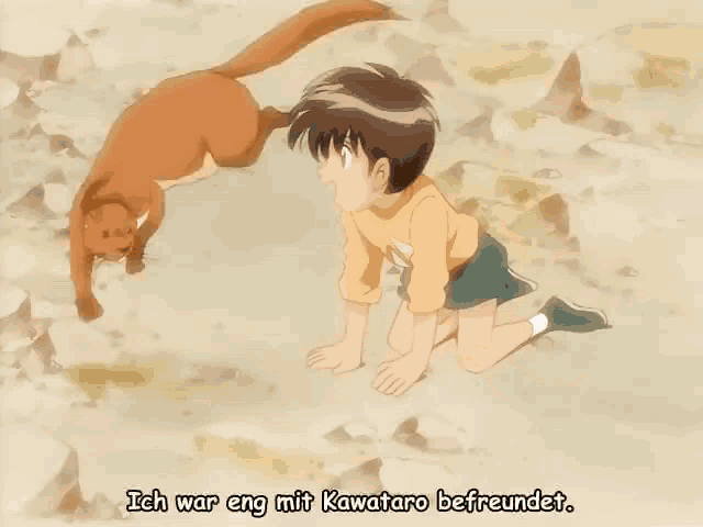 a cartoon of a boy kneeling next to a cat with ich war eng mit kawataro befreundet