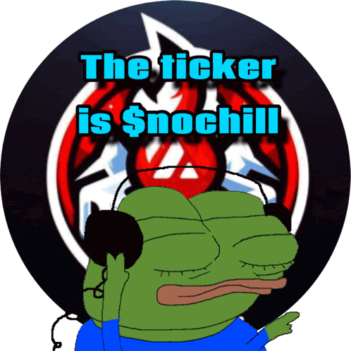 a cartoon frog wearing headphones with the words " the ticker is snochill " on the bottom