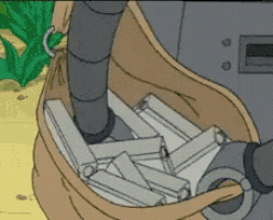 a cartoon drawing of a robot holding a bag of papers