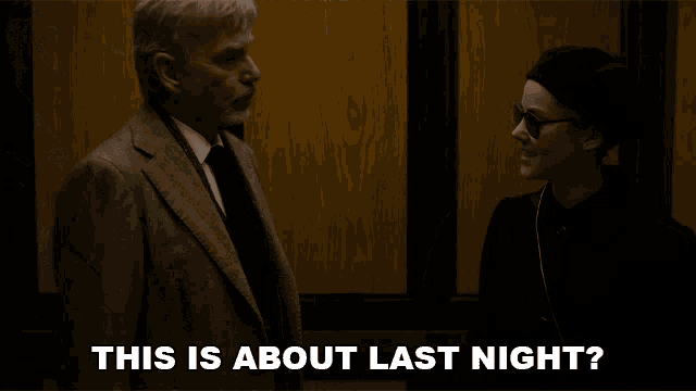 a man and a woman in an elevator with the words this is about last night on the bottom
