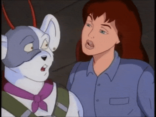 a cartoon of a woman and a white dog