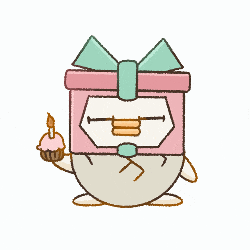 a cartoon drawing of a penguin holding a cupcake