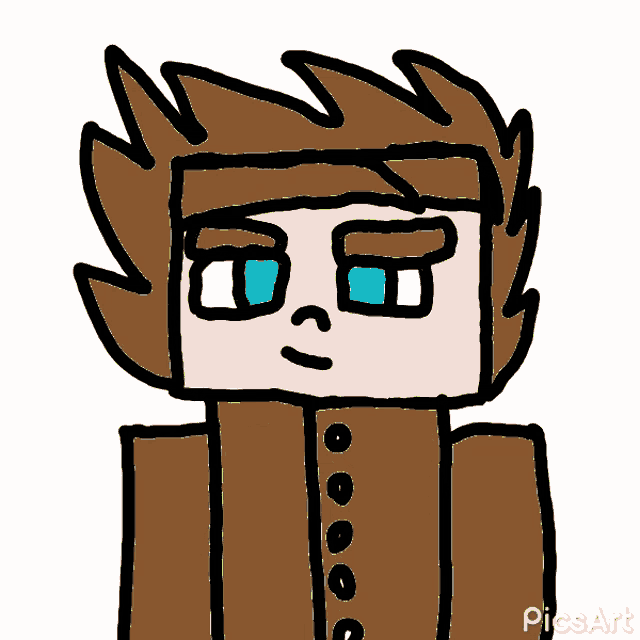 a drawing of a person with blue eyes and a brown jacket